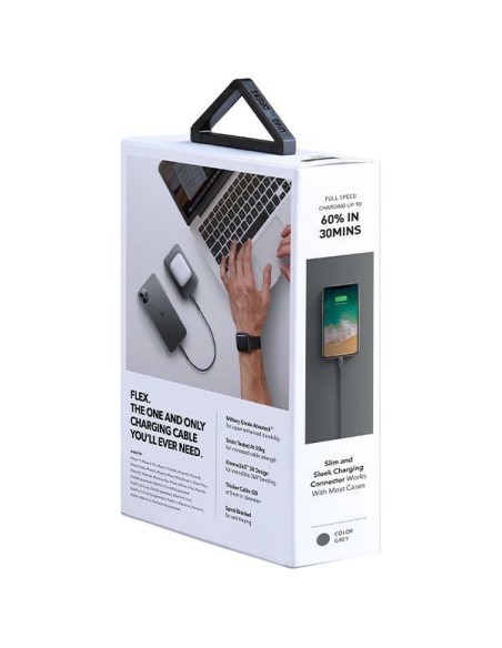 UNIQ Flex USB-C / Lightning 18W nailono laidas 30 cm - pilkas UNIQ Flex USB-C / Lightning 18W nailono laidas 30 cm - pilkas