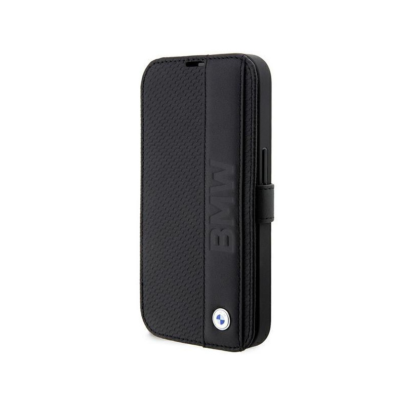 BMW Leather Textured&Stripe dėklas iPhone 14 Pro - juodas
