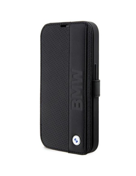 BMW Leather Textured&Stripe dėklas iPhone 14 Pro - juodas BMW Leather Textured&Stripe dėklas iPhone 14 Pro - juodas