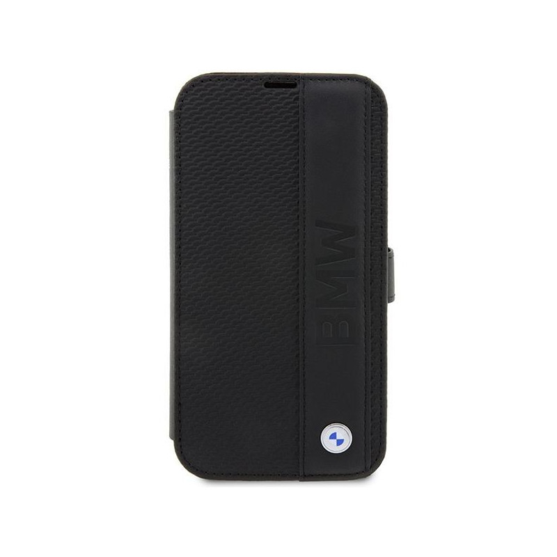 BMW Leather Textured&Stripe dėklas iPhone 14 Pro - juodas
