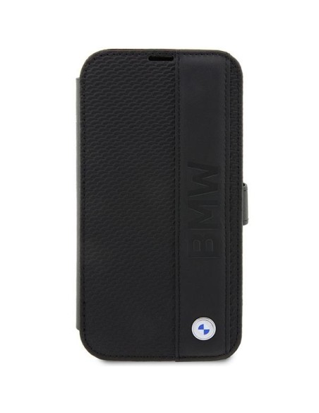 BMW Leather Textured&Stripe dėklas iPhone 14 Pro - juodas BMW Leather Textured&Stripe dėklas iPhone 14 Pro - juodas