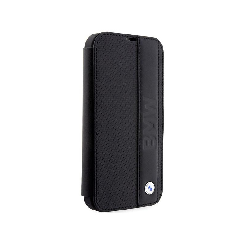 BMW Leather Textured&Stripe dėklas iPhone 14 Pro - juodas