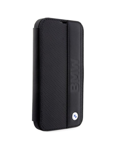 BMW Leather Textured&Stripe dėklas iPhone 14 Pro - juodas BMW Leather Textured&Stripe dėklas iPhone 14 Pro - juodas