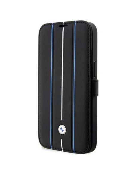 BMW Leather Stamp Blue Lines dėklas iPhone 14 Pro Max - juodas BMW Leather Stamp Blue Lines dėklas iPhone 14 Pro Max - juodas