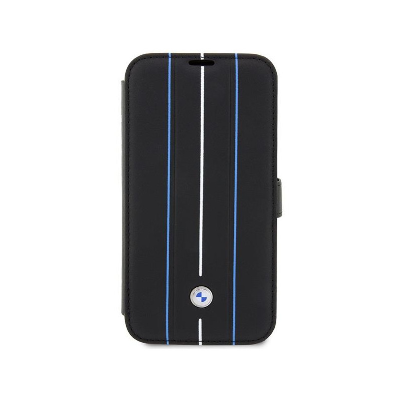 BMW Leather Stamp Blue Lines dėklas iPhone 14 Pro Max - juodas