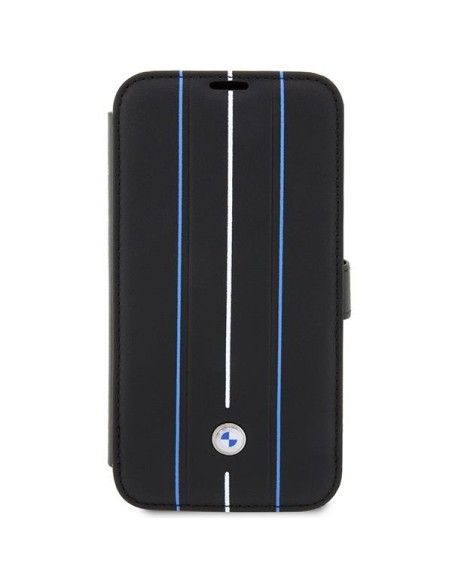 BMW Leather Stamp Blue Lines dėklas iPhone 14 Pro Max - juodas BMW Leather Stamp Blue Lines dėklas iPhone 14 Pro Max - juodas