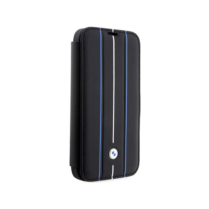 BMW Leather Stamp Blue Lines dėklas iPhone 14 Pro Max - juodas