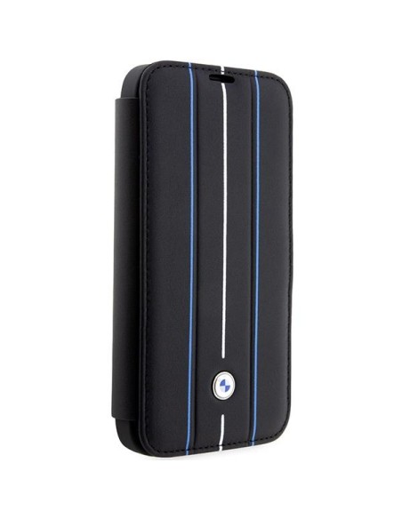 BMW Leather Stamp Blue Lines dėklas iPhone 14 Pro Max - juodas BMW Leather Stamp Blue Lines dėklas iPhone 14 Pro Max - juodas