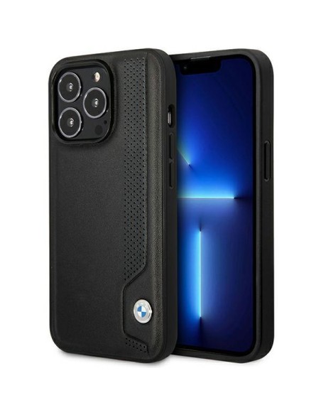 BMW Leather Blue Dots dėklas iPhone 14 Pro - juodas BMW Leather Blue Dots dėklas iPhone 14 Pro - juodas