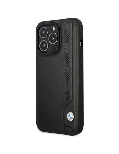 BMW Leather Blue Dots dėklas iPhone 14 Pro - juodas BMW Leather Blue Dots dėklas iPhone 14 Pro - juodas