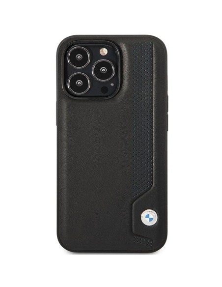BMW Leather Blue Dots dėklas iPhone 14 Pro - juodas BMW Leather Blue Dots dėklas iPhone 14 Pro - juodas