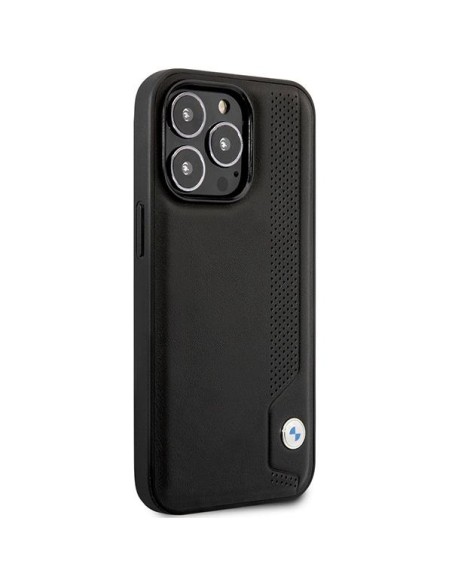 BMW Leather Blue Dots dėklas iPhone 14 Pro - juodas BMW Leather Blue Dots dėklas iPhone 14 Pro - juodas