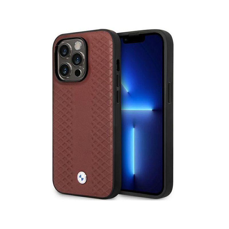 BMW Leather Diamond Pattern dėklas iPhone 14 Pro - bordo