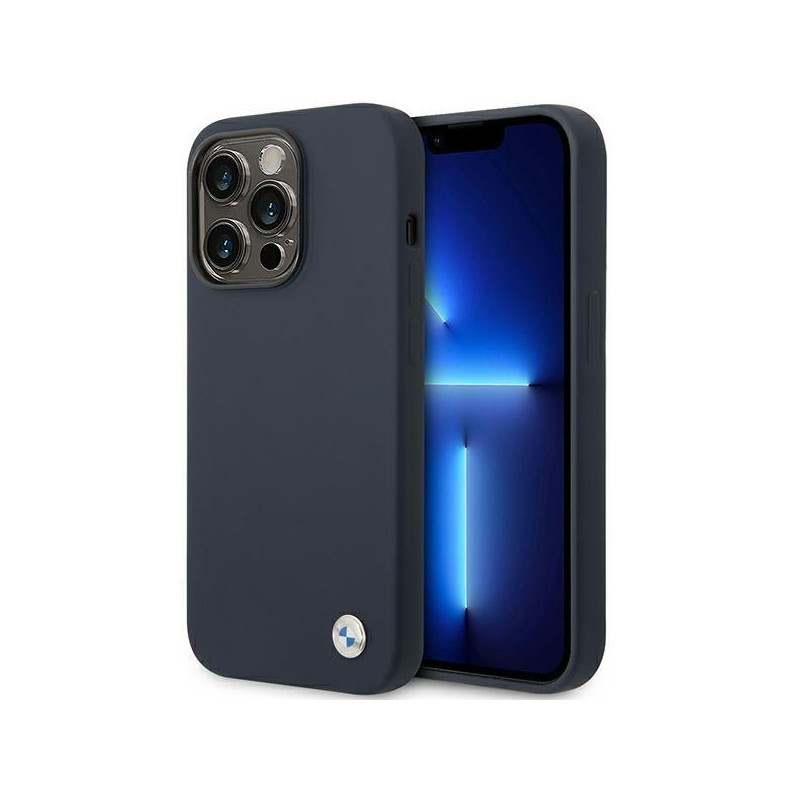 BMW Silicone Metal Logo dėklas iPhone 14 Pro - tamsiai mėlynas