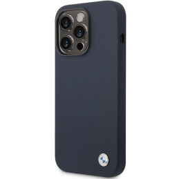 BMW Silicone Metal Logo dėklas iPhone 14 Pro - tamsiai mėlynas