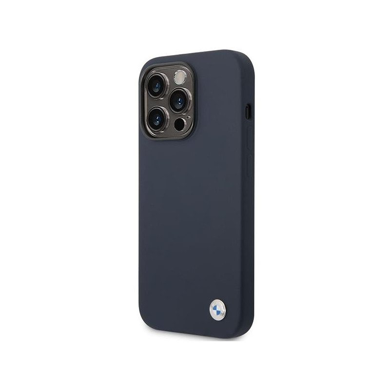 BMW Silicone Metal Logo dėklas iPhone 14 Pro - tamsiai mėlynas