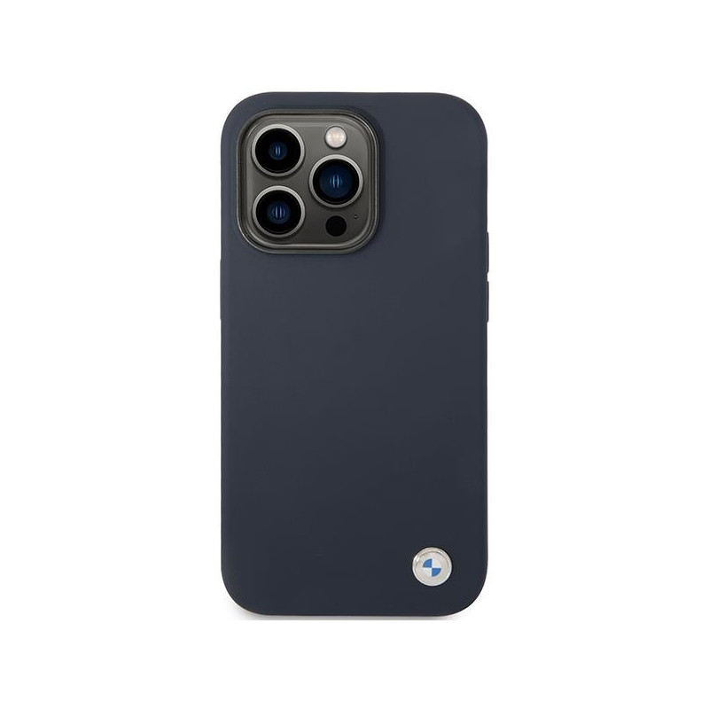 BMW Silicone Metal Logo dėklas iPhone 14 Pro - tamsiai mėlynas