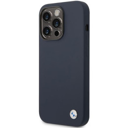 BMW Silicone Metal Logo dėklas iPhone 14 Pro - tamsiai mėlynas