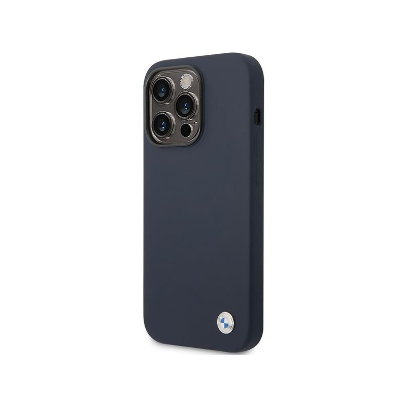 BMW Silicone Metal Logo dėklas iPhone 14 Pro - tamsiai mėlynas