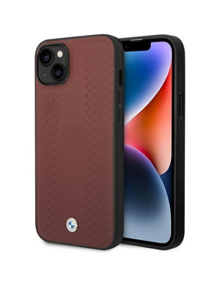 BMW Leather Diamond Pattern dėklas iPhone 14 - bordo BMW Leather Diamond Pattern dėklas iPhone 14 - bordo
