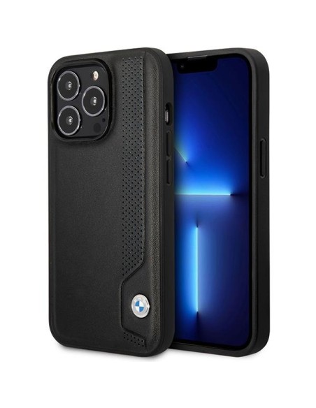 BMW Leather Blue Dots dėklas iPhone 14 Pro Max - juodas BMW Leather Blue Dots dėklas iPhone 14 Pro Max - juodas
