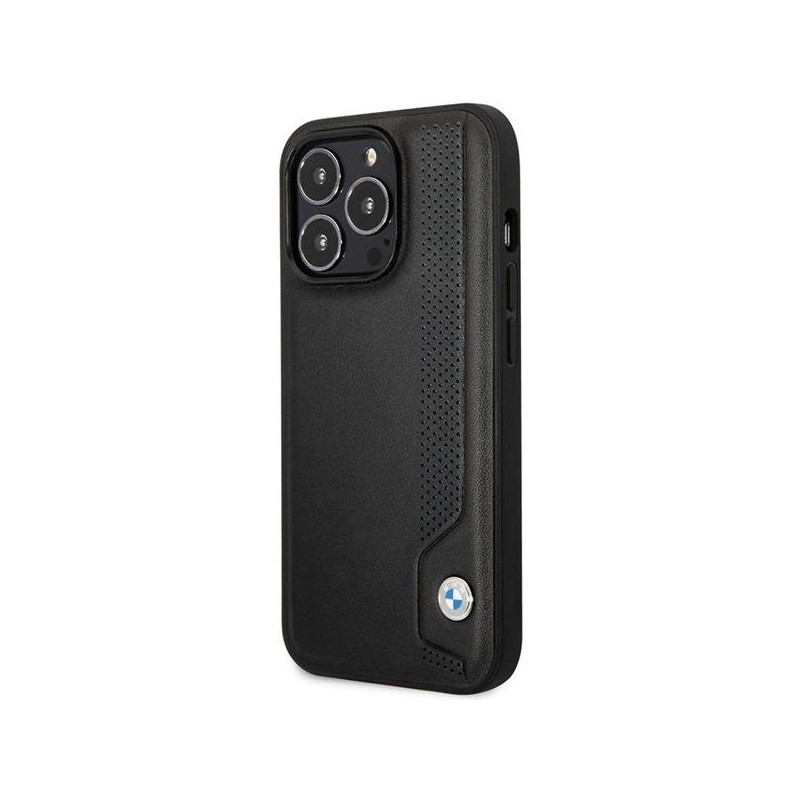 BMW Leather Blue Dots dėklas iPhone 14 Pro Max - juodas