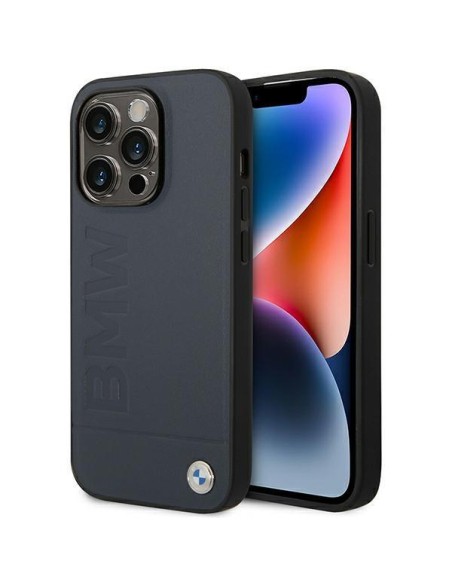 BMW Leather Hot Stamp MagSafe dėklas iPhone 14 Pro - tamsiai mėlynas BMW Leather Hot Stamp MagSafe dėklas iPhone 14 Pro - tamsiai mėlynas