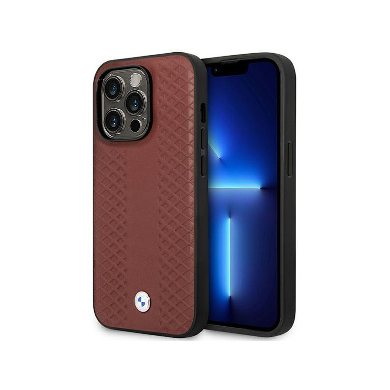 BMW Leather Diamond Pattern MagSafe dėklas iPhone 14 Pro Max - bordo BMW Leather Diamond Pattern MagSafe dėklas iPhone 14 Pro Max - bordo