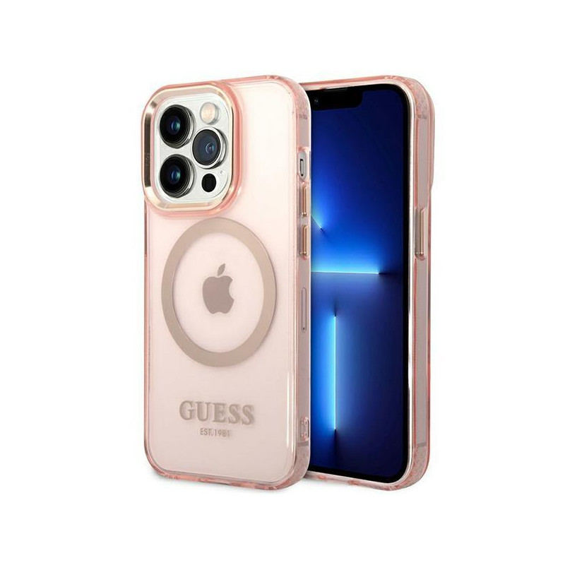 Guess Gold Outline permatomas MagSafe dėklas, skirtas iPhone 14 Pro Max – rožinis