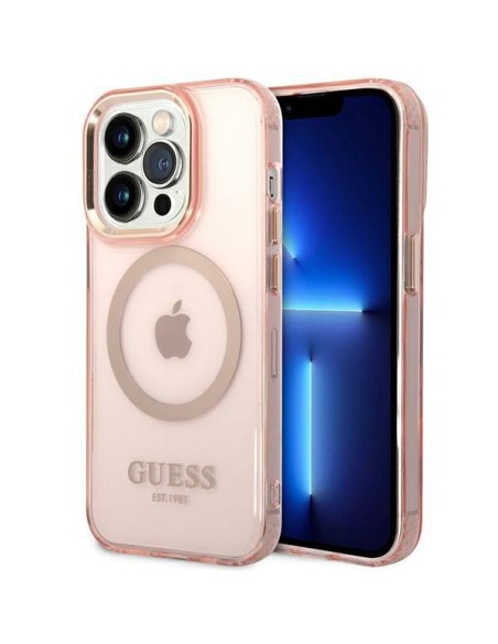Guess Gold Outline permatomas MagSafe dėklas, skirtas iPhone 14 Pro Max – rožinis