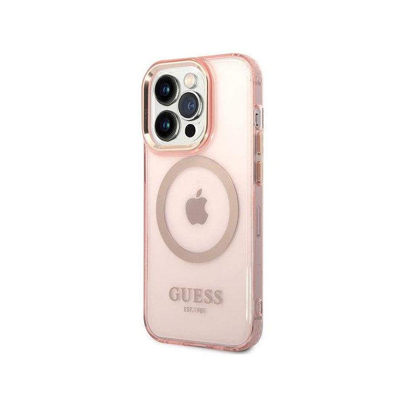 Guess Gold Outline permatomas MagSafe dėklas, skirtas iPhone 14 Pro Max – rožinis