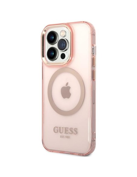 Guess Gold Outline permatomas MagSafe dėklas, skirtas iPhone 14 Pro Max – rožinis