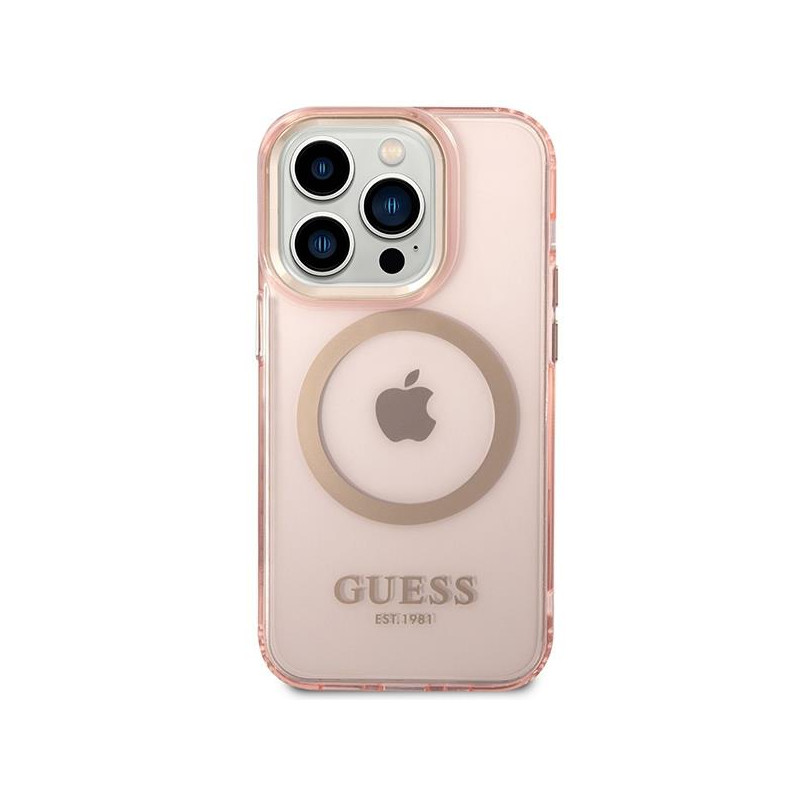 Guess Gold Outline permatomas MagSafe dėklas, skirtas iPhone 14 Pro Max – rožinis