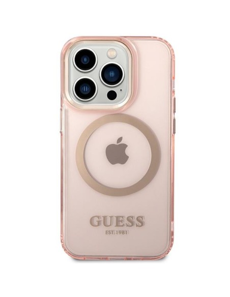 Guess Gold Outline permatomas MagSafe dėklas, skirtas iPhone 14 Pro Max – rožinis