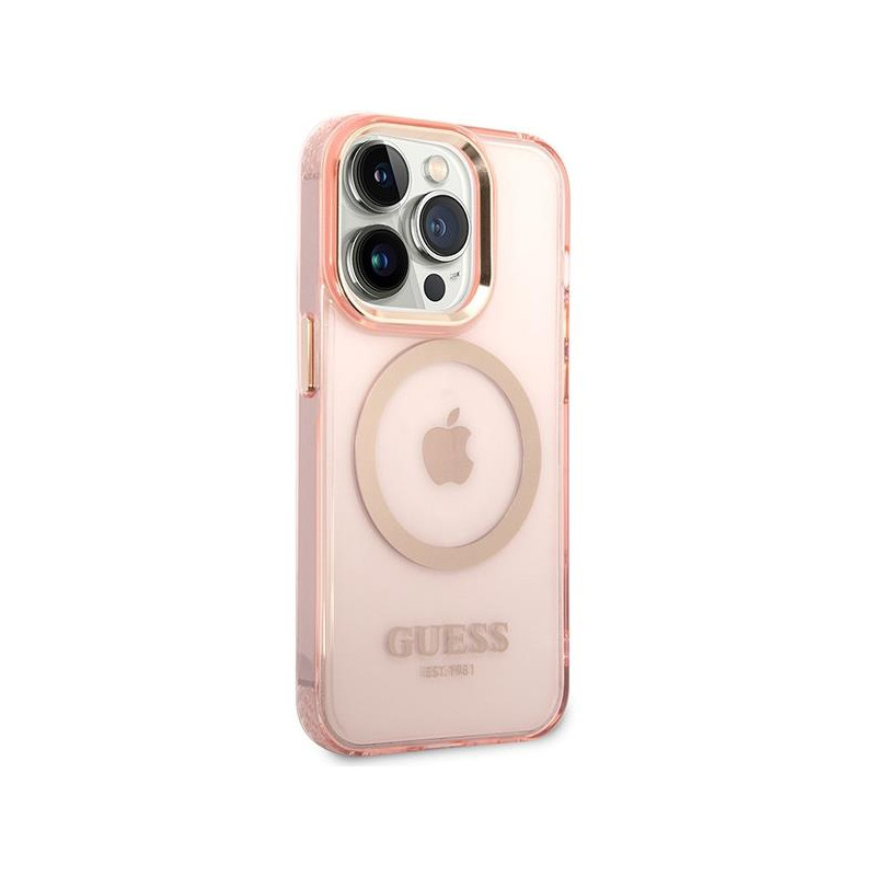 Guess Gold Outline permatomas MagSafe dėklas, skirtas iPhone 14 Pro Max – rožinis