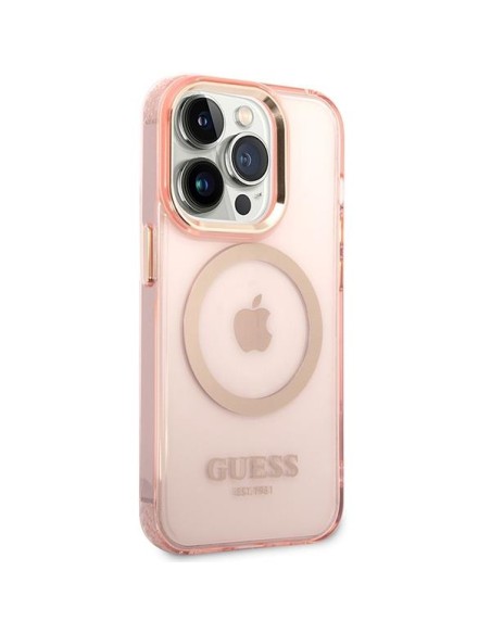 Guess Gold Outline permatomas MagSafe dėklas, skirtas iPhone 14 Pro Max – rožinis