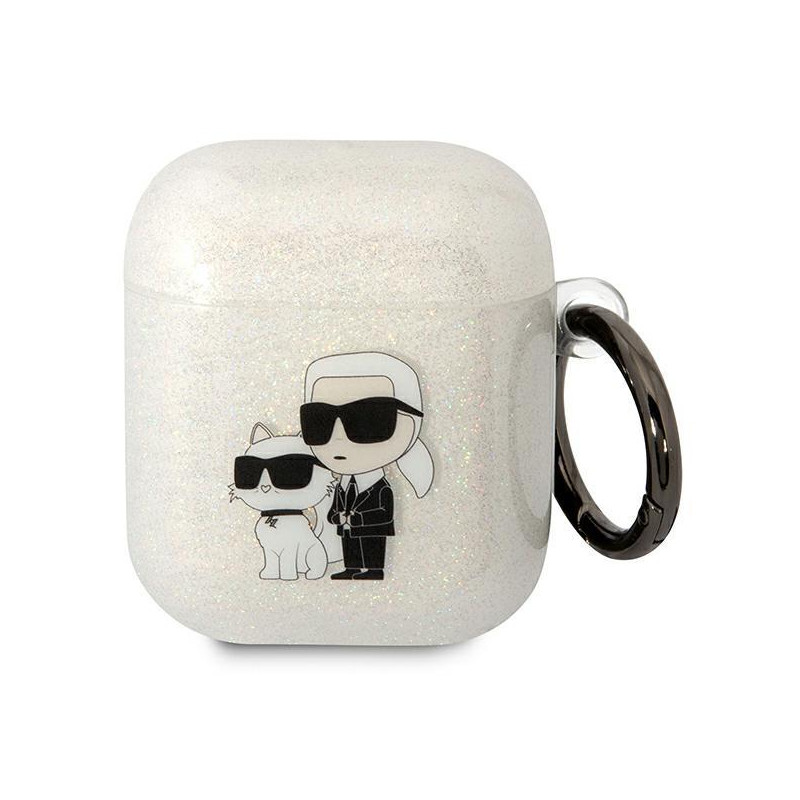 Karl Lagerfeld Glitter Karl&Choupette dėklas, skirtas AirPods 1/ 2 - skaidrus