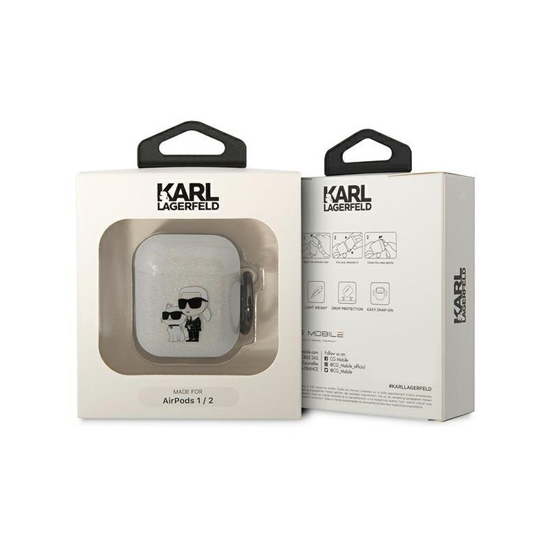 Karl Lagerfeld Glitter Karl&Choupette dėklas, skirtas AirPods 1/ 2 - skaidrus