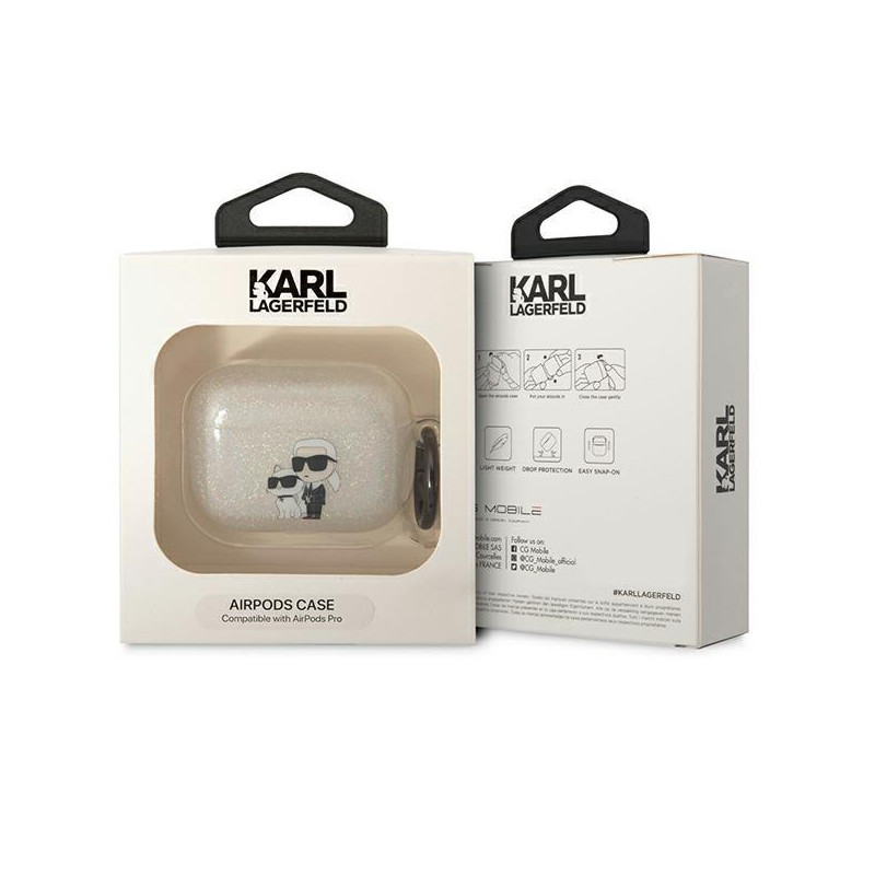Karl Lagerfeld Glitter Karl&Choupette dėklas, skirtas AirPods Pro - skaidrus
