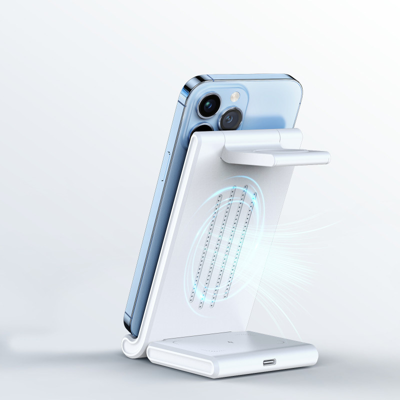 „Trys viename“ belaidis įkroviklis skirtas „Qi 15W“ telefonams ir „Samsung Galaxy Duzzona W10-S“ išmaniesiems laikrodžia...