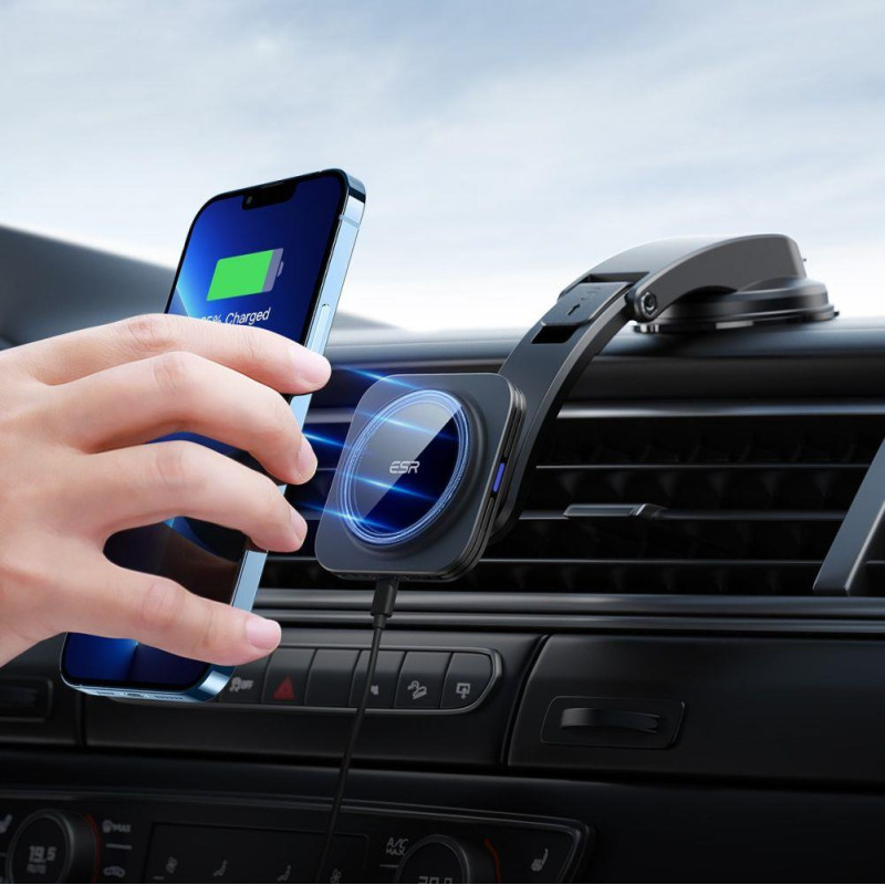 ESR Halolock Low Arm Magnetinis laikiklis su MagSafe įkrovikliu automobilio kabinai - juodas