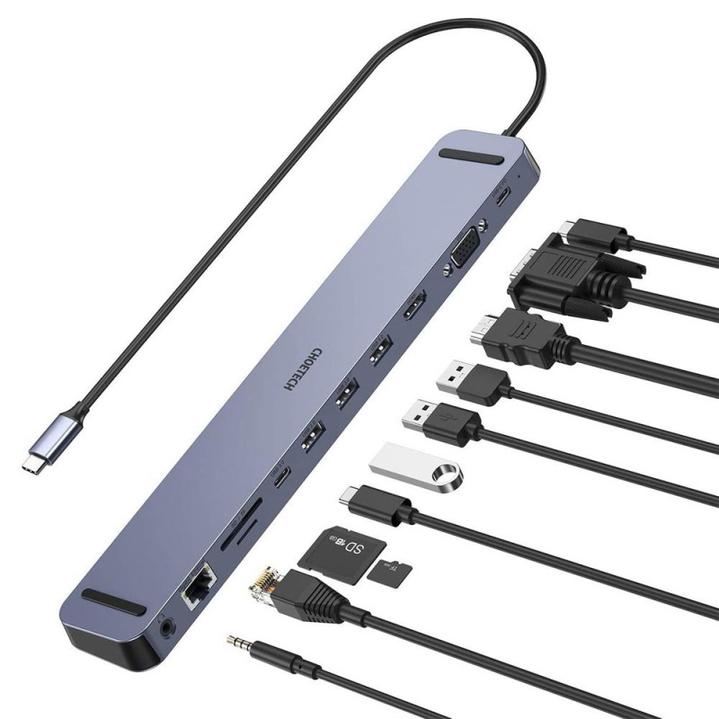 Prijungimo stoties adapterio šakotuvas USB Type C 11in1 100W PD pilkas