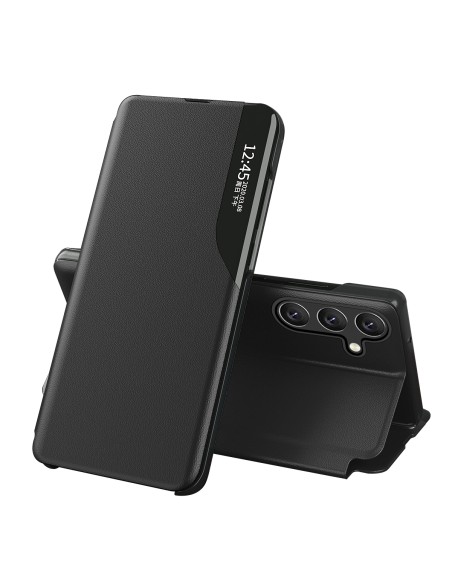 Eco Leather View Case dėklas Samsung Galaxy A24 4G su atverčiamu stovu, juodas