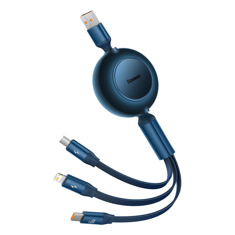 Ištraukiamas kabelis 3in1 USB microUSB + iPhone Lightning + USB-C 66W 1,1m mėlynas