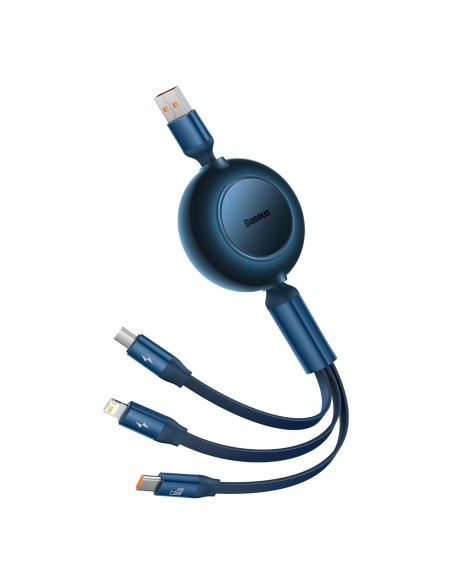 Ištraukiamas kabelis 3in1 USB microUSB + iPhone Lightning + USB-C 66W 1,1m mėlynas Ištraukiamas kabelis 3in1 USB microUSB + iPhone Lightning + USB-C 66W 1,1m mėlynas