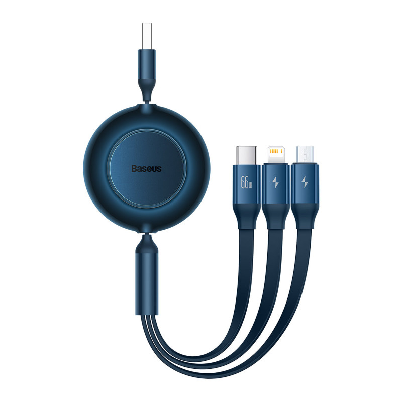 Ištraukiamas kabelis 3in1 USB microUSB + iPhone Lightning + USB-C 66W 1,1m mėlynas