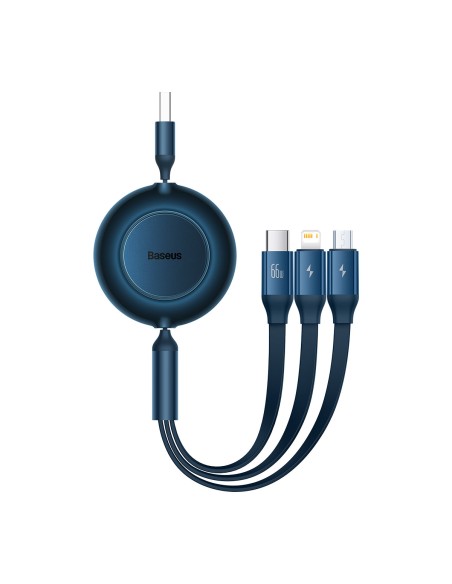 Ištraukiamas kabelis 3in1 USB microUSB + iPhone Lightning + USB-C 66W 1,1m mėlynas Ištraukiamas kabelis 3in1 USB microUSB + iPhone Lightning + USB-C 66W 1,1m mėlynas