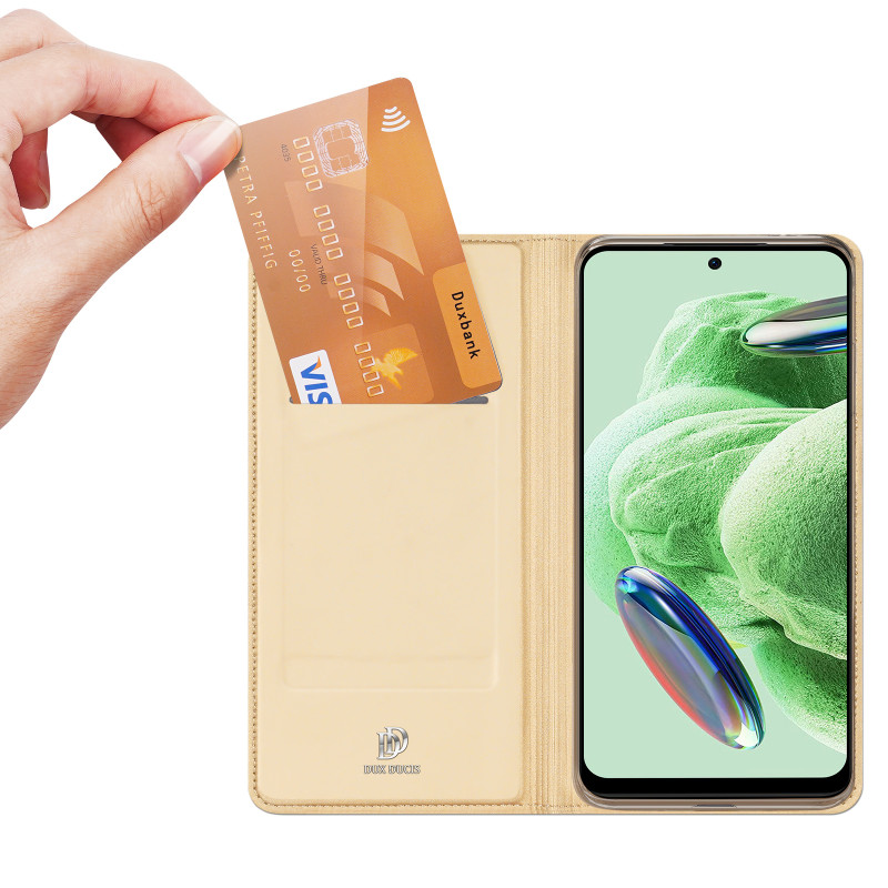 Dux Ducis Skin Pro dėklas, skirtas Xiaomi Redmi Note 12 5G / Poco X5 5G Flip Cover kortelės piniginės stovas auksinis