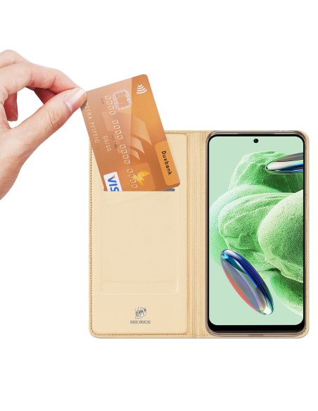 Dux Ducis Skin Pro dėklas, skirtas Xiaomi Redmi Note 12 5G / Poco X5 5G Flip Cover kortelės piniginės stovas auksinis