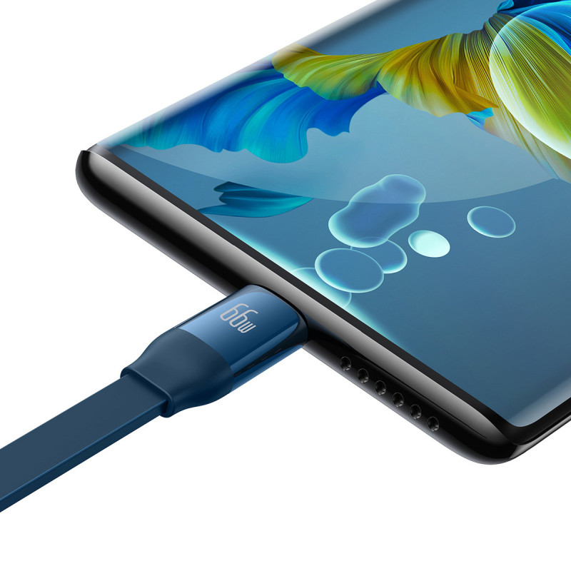 Ištraukiamas kabelis 3in1 USB microUSB + iPhone Lightning + USB-C 66W 1,1m mėlynas